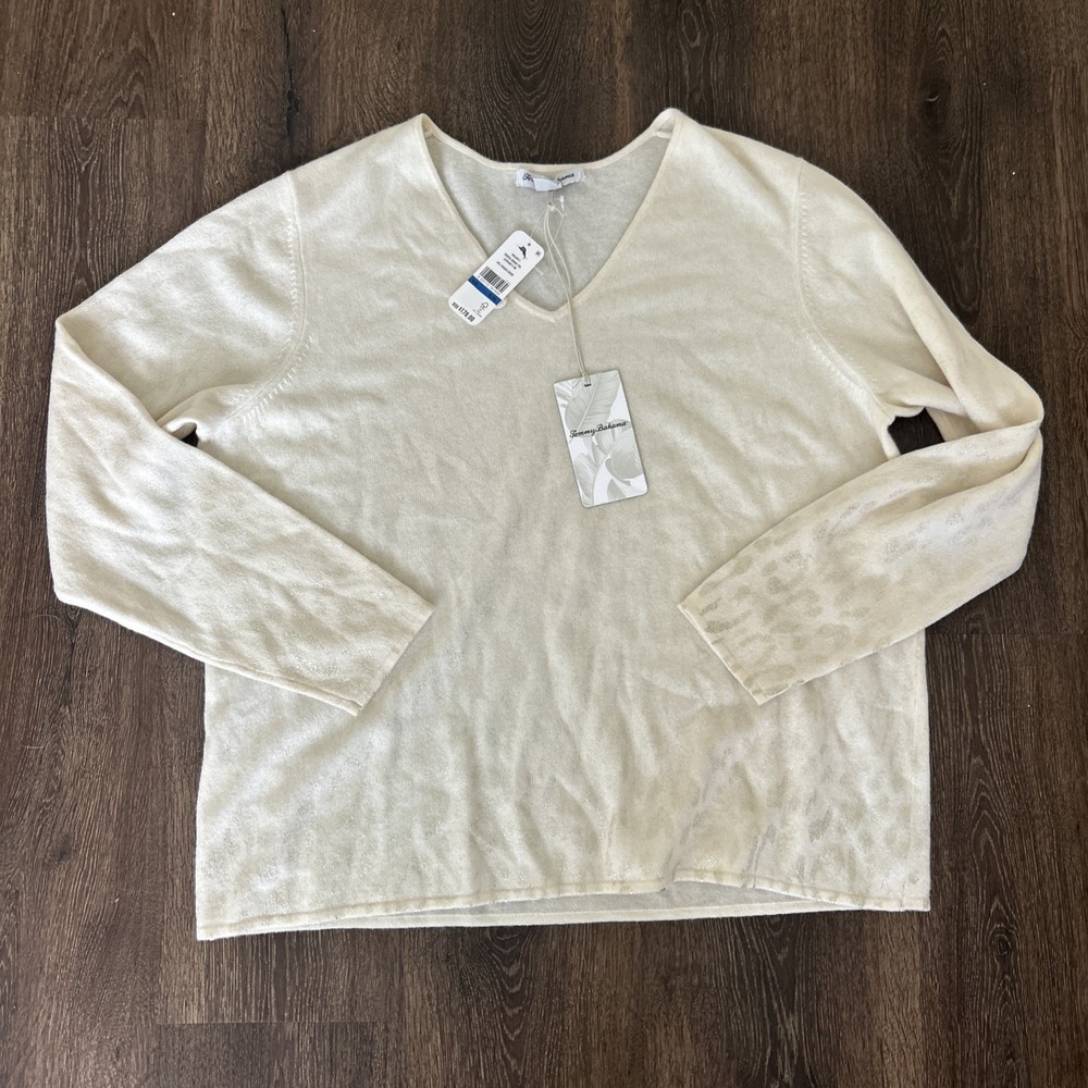 Tommy Bahama Serena‎ Cashmere Tunic Sweater XL Creme Metallic Wool NEW TAGS $178